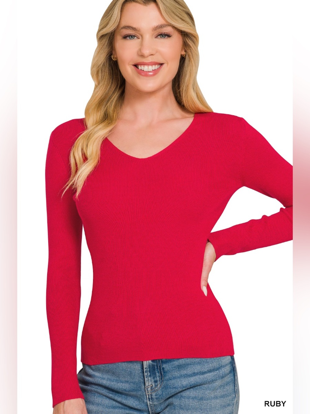 Zenana Ruby Viscose Fitted V-Neck Sweater
